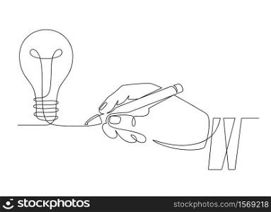 Light bulb idea. Sketch hand with pen drawing one line bulb, invention or creative thinking symbol. New project, brainstorm vector concept. Start up idea, new business creation illustration. Light bulb idea. Sketch hand with pen drawing one line bulb, invention or creative thinking symbol. New project, brainstorm vector concept