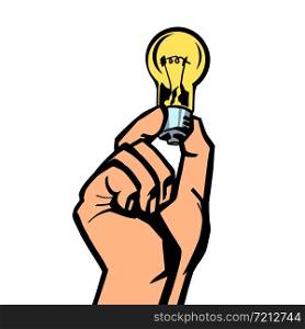 light bulb in hand. comic cartoon pop art retro vector illustration drawing. light bulb in hand