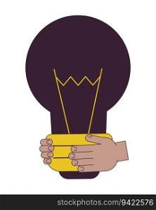 Light bulb in hands flat line concept vector spot illustration. Inspiration business 2D cartoon outline hand on white for web UI design. Innovation strategy editable isolated color hero image. Light bulb in hands flat line concept vector spot illustration