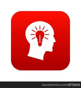 Light bulb inside head icon digital red for any design isolated on white vector illustration. Light bulb inside head icon digital red