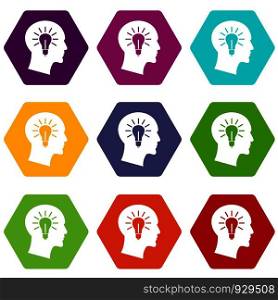 Light bulb inside head icon set many color hexahedron isolated on white vector illustration. Light bulb inside head icon set color hexahedron