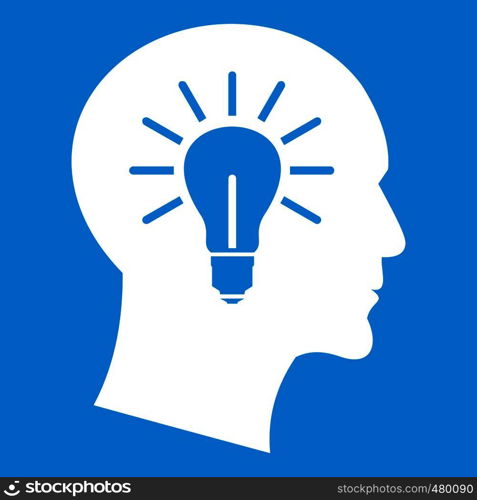 Light bulb inside head icon white isolated on blue background vector illustration. Light bulb inside head icon white