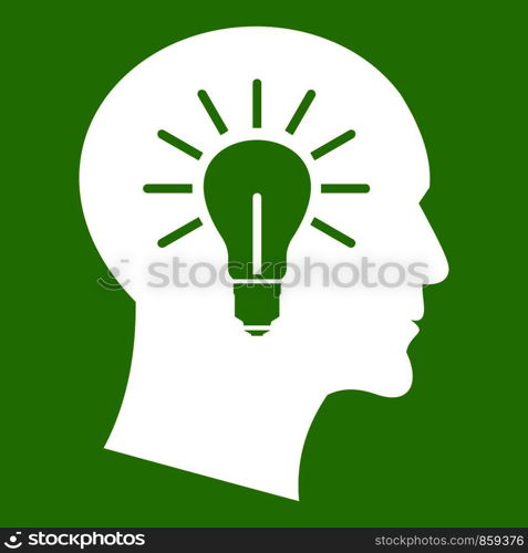 Light bulb inside head icon white isolated on green background. Vector illustration. Light bulb inside head icon green