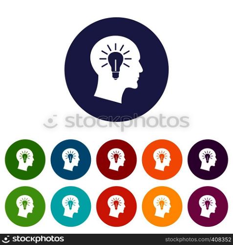 Light bulb inside head set icons in different colors isolated on white background. Light bulb inside head set icons