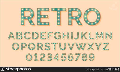 Light bulb letters. Retro text, lightbulb alphabet numbers. Vintage font lamps, typography glow typeface for cinema headline circus show vector signs. Retro lightbulb text abc bulb lamp illustration. Light bulb letters. Retro text, lightbulb alphabet and numbers. Vintage font with lamps, typography glow typeface for cinema headline circus show vector signs