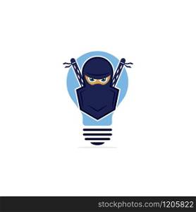 Light bulb ninja logo template. Creative idea vector design. Smart ninja logotype.