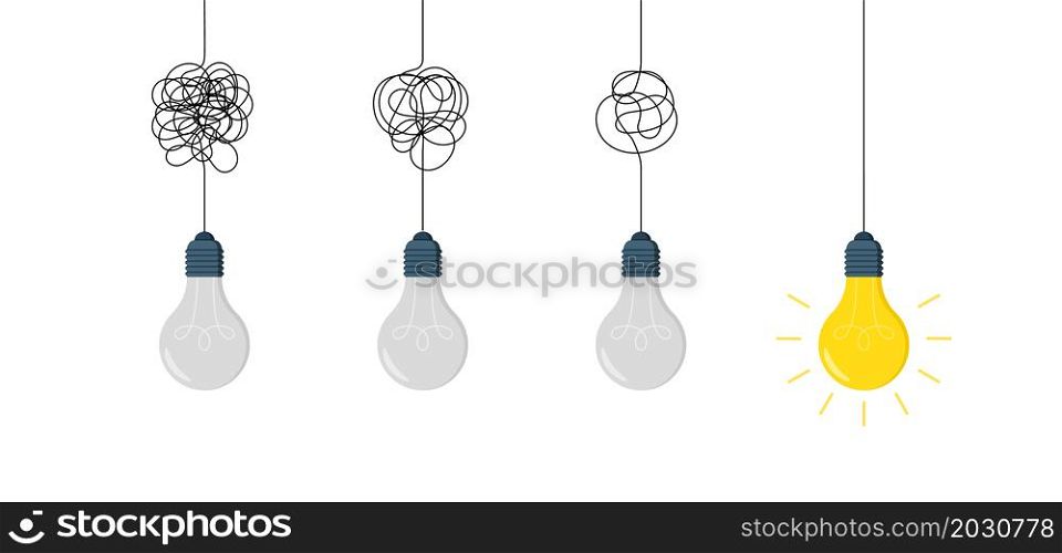 Light bulb of idea. Lamp of idea, insight and creative solution. Icon of lightbulb without bright light and with it. Flat symbol of electric energy and innovation of think. Vector.