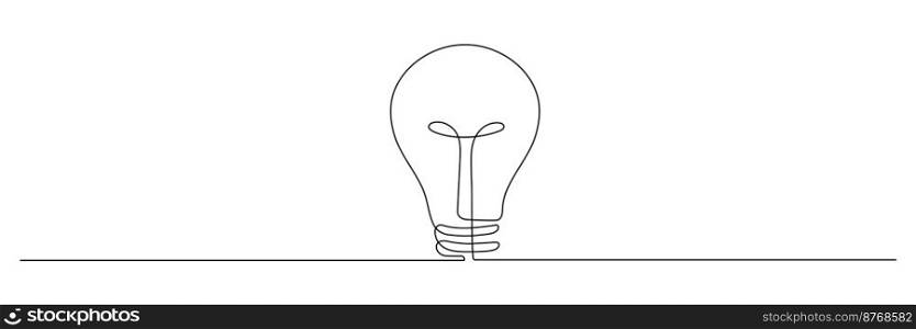 Light bulb one continuous line drawing. Electric lamp. Brainstorm linear symbol. Vector isolated on white.. Light bulb one continuous line drawing.