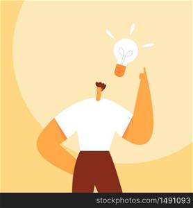 Light bulb over the man head. Business concept of creating new good ideas or thoughts. Cartoon male character, businessman. Flat vector illustration. Use in web projects and applications.