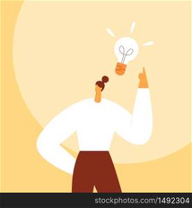 Light bulb over the woman head. Business concept of creating new good ideas or thoughts. Cartoon female character, businessman. Flat vector illustration. Use in web projects and applications.