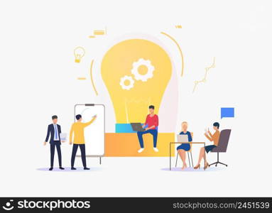 Light bulb, people discussing ideas and working. Innovation, study, work concept. Vector illustration can be used for topics like business, education, research. Light bulb, people discussing ideas and working