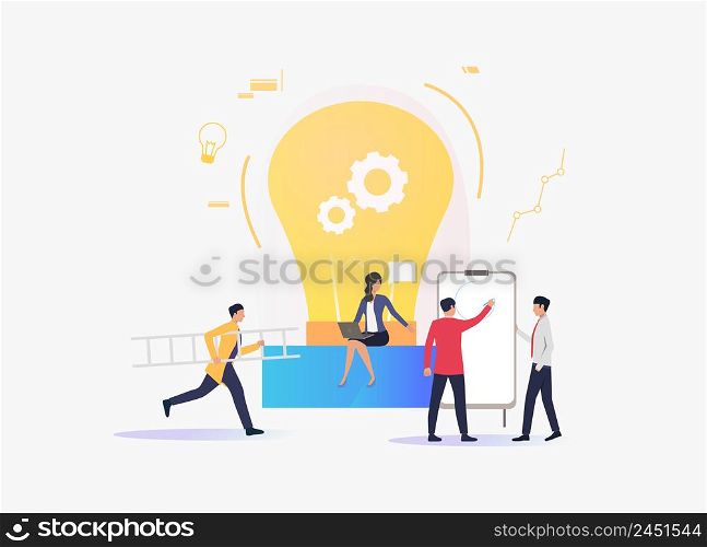 Light bulb, people working and giving lecture. Innovation, study, work concept. Vector illustration can be used for topics like business, education, research. Light bulb, people working and giving lecture