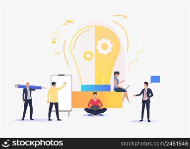 Light bulb, people working and studying. Innovation, study, work concept. Vector illustration can be used for topics like business, education, research. Light bulb, people working and studying