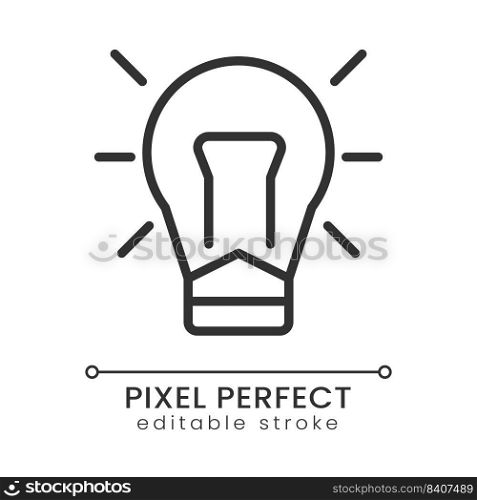 Light bulb pixel perfect linear icon. Creative thinking. Innovative startup. Business development. Thin line illustration. Contour symbol. Vector outline drawing. Editable stroke. Poppins font used. Light bulb pixel perfect linear icon