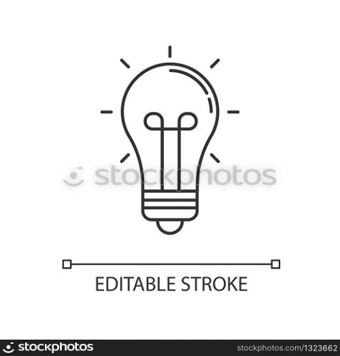 Light bulb pixel perfect linear icon. Inspiration sign. Glowing lightbulb. Incandescent lamp. Thin line customizable illustration. Contour symbol. Vector isolated outline drawing. Editable stroke