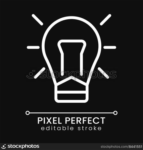 Light bulb pixel perfect white linear icon for dark theme. Creative thinking. Business development. Thin line illustration. Isolated symbol for night mode. Editable stroke. Poppins font used. Light bulb pixel perfect white linear icon for dark theme