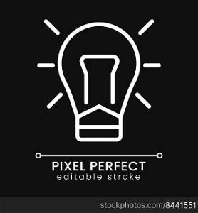 Light bulb pixel perfect white linear icon for dark theme. Creative thinking. Business development. Thin line illustration. Isolated symbol for night mode. Editable stroke. Poppins font used. Light bulb pixel perfect white linear icon for dark theme