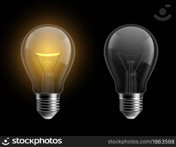 Light bulb realistic. Glowing and turned off isolated on black lamps. Bright yellow glow, electrical equipment. Creative idea and innovation. Modern lightbulb 3d business concept. Vector illustration. Light bulb realistic. Glowing and turned off isolated on black lamps. Bright yellow glow, electrical equipment. Creative idea and innovation lightbulb vector 3d business concept.