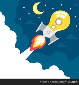 light bulb rocket launch with moon, star, and cloud. Creative idea concept. Vector illustration. Flat design
