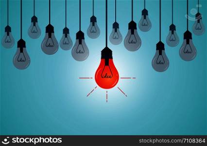Light bulb set and glowing down to the ground is outstanding . creative idea. flat vector lamp icon with concept on white background. illustration vector