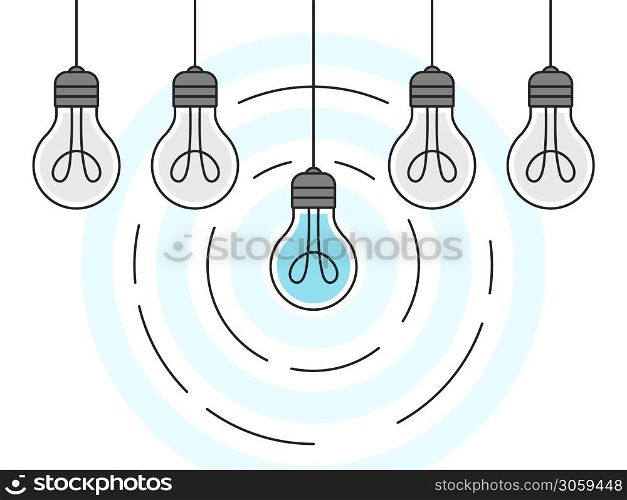 Light bulb. Set of hanging light bulbs with one glowing. Vector illustration