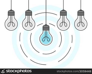 Light bulb. Set of hanging light bulbs with one glowing. Vector illustration