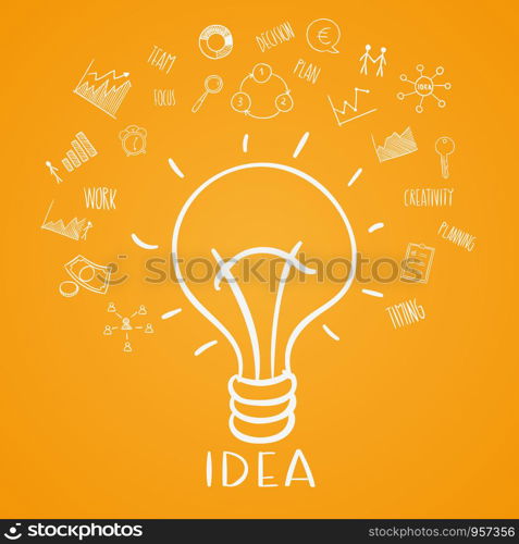 Light bulb sketch with concept of idea. Doodle hand drawn sign. vector Illustration