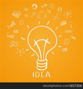 Light bulb sketch with concept of idea. Doodle hand drawn sign. vector Illustration