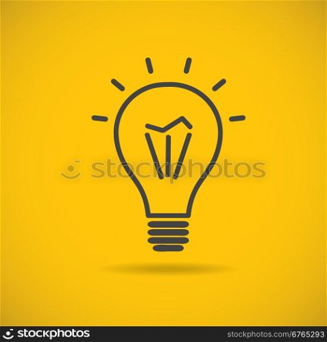 Light bulb vector icon, logo. Grey lineart light bulb on yellow background.