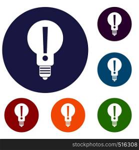 Light bulb with exclamation mark inside icons set in flat circle red, blue and green color for web. Bulb with exclamation mark inside icons set