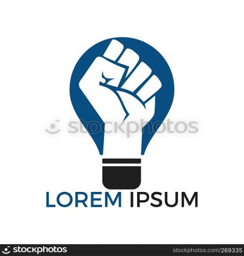 Light bulb with fist hand inside. power of idea or confidence with your idea concept. Education and business logotype concept.