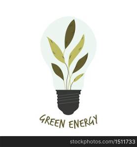 Light bulb with green leaves inside. Green energy concept. Vector illustration. Light bulb with green leaves inside. Green energy concept.