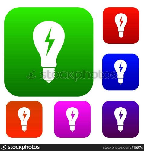 Light bulb with lightning inside set icon color in flat style isolated on white. Collection sings vector illustration. Light bulb with lightning inside set color collection