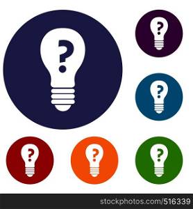 Light bulb with question mark inside icons set in flat circle red, blue and green color for web. Light bulb with question mark inside icons set