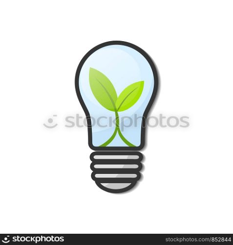 Light Bulb with young green leaf plant isolated on white, stock vector illustration