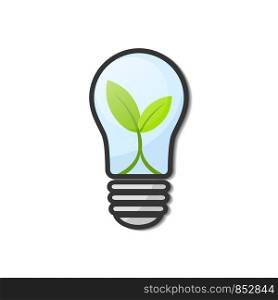 Light Bulb with young green leaf plant isolated on white, stock vector illustration