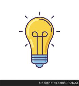 Light bulb yellow RGB color icon. Idea emoji. Inspiration sign. Glowing lightbulb. Think of solution. Incandescent lamp. Imagination and intelligence symbol. Isolated vector illustration