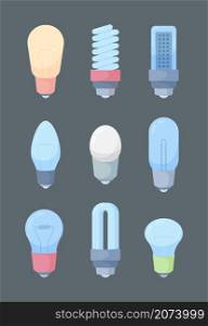 Light bulbs collection. Electric light simple flat style colored lamps garish vector collection pictures. Illustration light lamp icon collection. Light bulbs collection. Electric light simple flat style colored lamps garish vector collection pictures