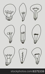 Light bulbs doodle border. Creative light bulbs doodle collection. Vector illustration