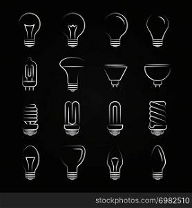 Light bulbs hand drawn icons on chalkboard. Sketch icon lamp. Vector illustration. Light bulbs hand drawn icons on chalkboard