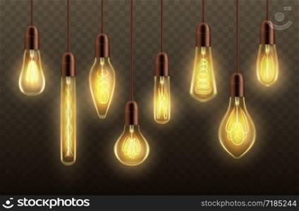 Light bulbs hanging on cords realistic vector design of glowing lamps or ceiling pendants. Incandescent light bulbs and globes with yellow filaments and contact wires on transparent background. Hanging light bulbs, ceiling lamp realistic vector