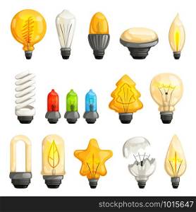Light bulbs. Modern lamp save energy fluorescent lighted halogen vector cartoon pictures collection. Illustration of lamp bulb, light electricity, lighted halogen. Light bulbs. Modern lamp save energy fluorescent lighted halogen vector cartoon pictures collection