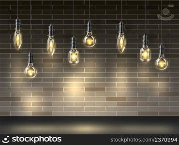 Light bulbs on brick wall background. Realistic glowing Edison l&s. Loft style interior objects. Lightbulbs hanging on electric wire. Vintage hipster design. Ceiling illumination. Vector concept. Light bulbs on brick wall background. Realistic glowing Edison l&s. Loft interior objects. Lightbulbs hanging on wire. Vintage hipster design. Ceiling illumination. Vector concept