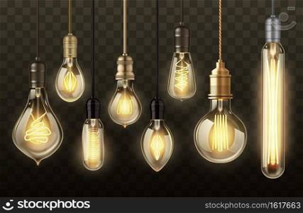 Light bulbs on transparent background realistic vector design. Glowing l&s of hanging filament or incandescent lightbulb, vintage ceiling pendants with warm yellow light, indoor lighting themes. Realistic light bulbs on transparent background