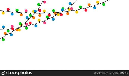 Light bulbs or garlangs. Flat holiday decoration, party design. Blue, red, yellow bright lamp hanging on string. Cartoon christmas banner with lightbulds. vector illustration.
