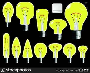light bulbs shapes against black background, abstract vector art illustration