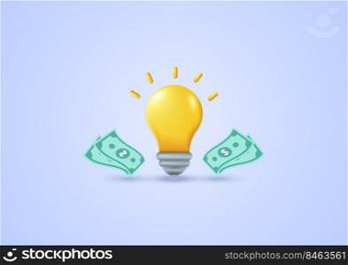 Light bulbs show ideas make money 3D dollar banknote on light blue pastel background. Finance, investment, online shopping. Minimal cartoon icon. Vector illustration
