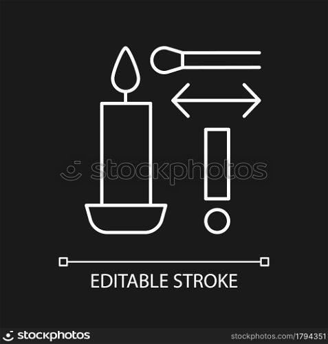 Light candle correctly white linear manual label icon for dark theme. Thin line customizable illustration for product use instructions. Isolated vector contour symbol for night mode. Editable stroke. Light candle correctly white linear manual label icon for dark theme