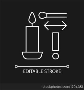 Light candle correctly white linear manual label icon for dark theme. Thin line customizable illustration for product use instructions. Isolated vector contour symbol for night mode. Editable stroke. Light candle correctly white linear manual label icon for dark theme