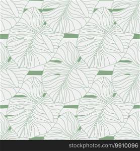 Light contoured monstera leaf ornament seamless pattern. Outline foliage palm leafs on striped background. Decorative backdrop for fabric design, textile print, wrapping, cover. Vector illustration.. Light contoured monstera leaf ornament seamless pattern. Outline foliage palm leafs on striped background.